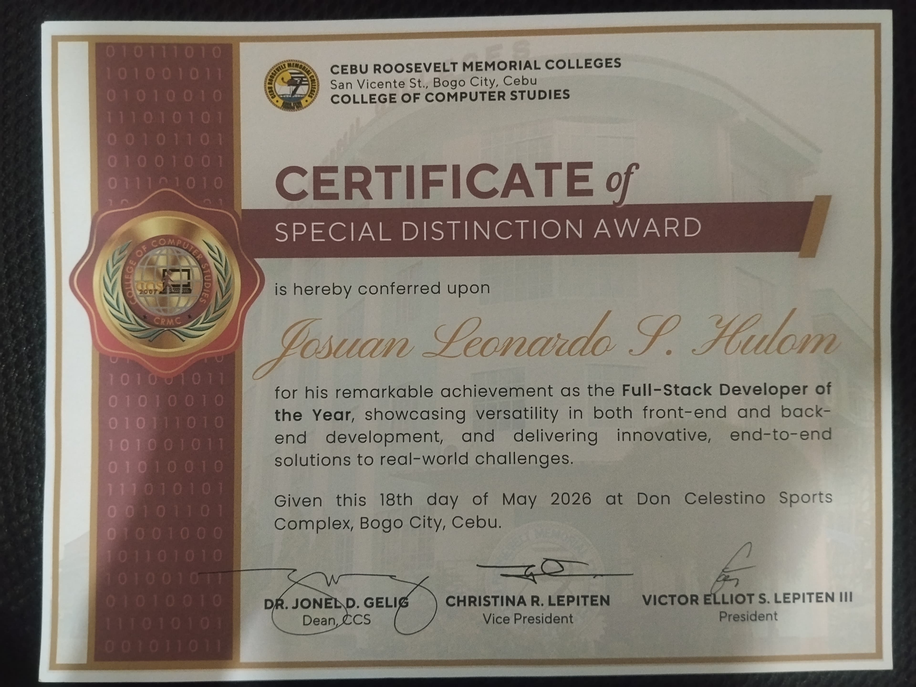 Full-Stack Developer of the Year certificate image 1