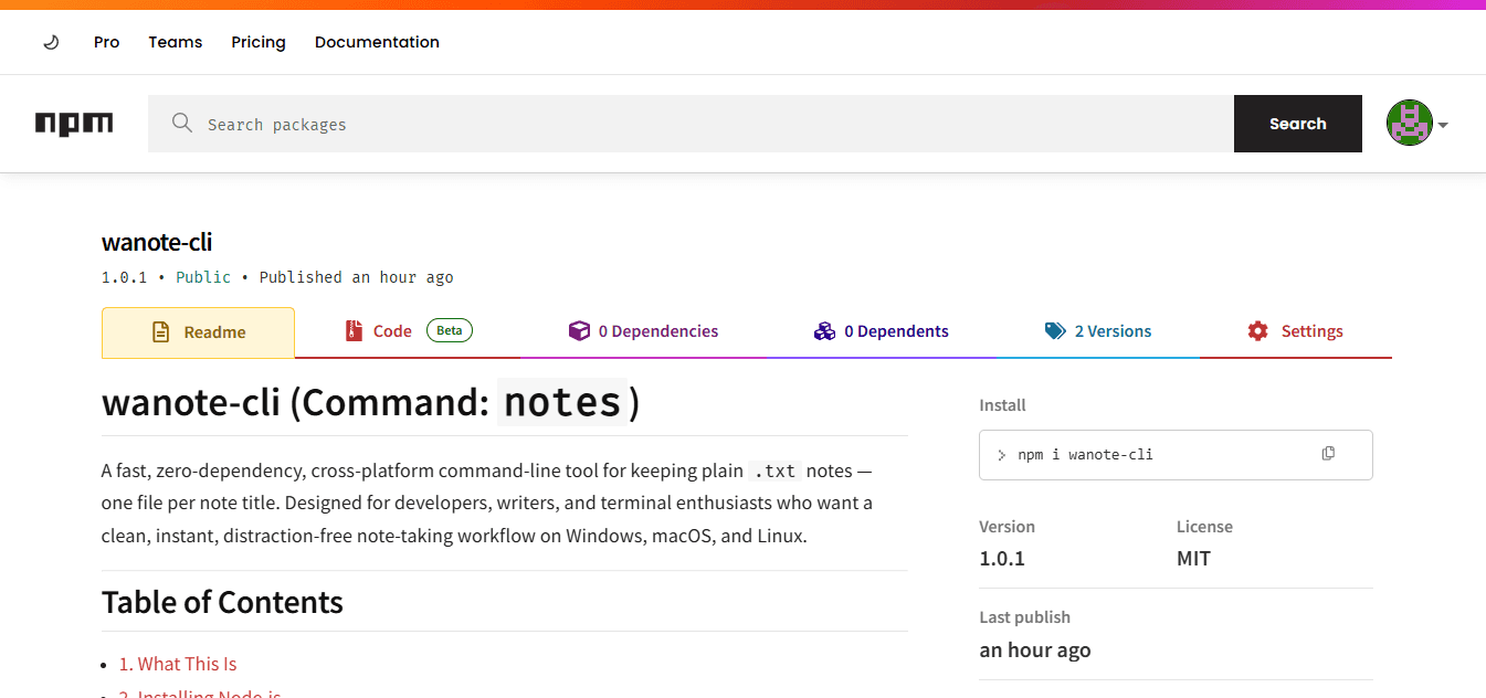 wanote-cli — Personal Project screenshot 1