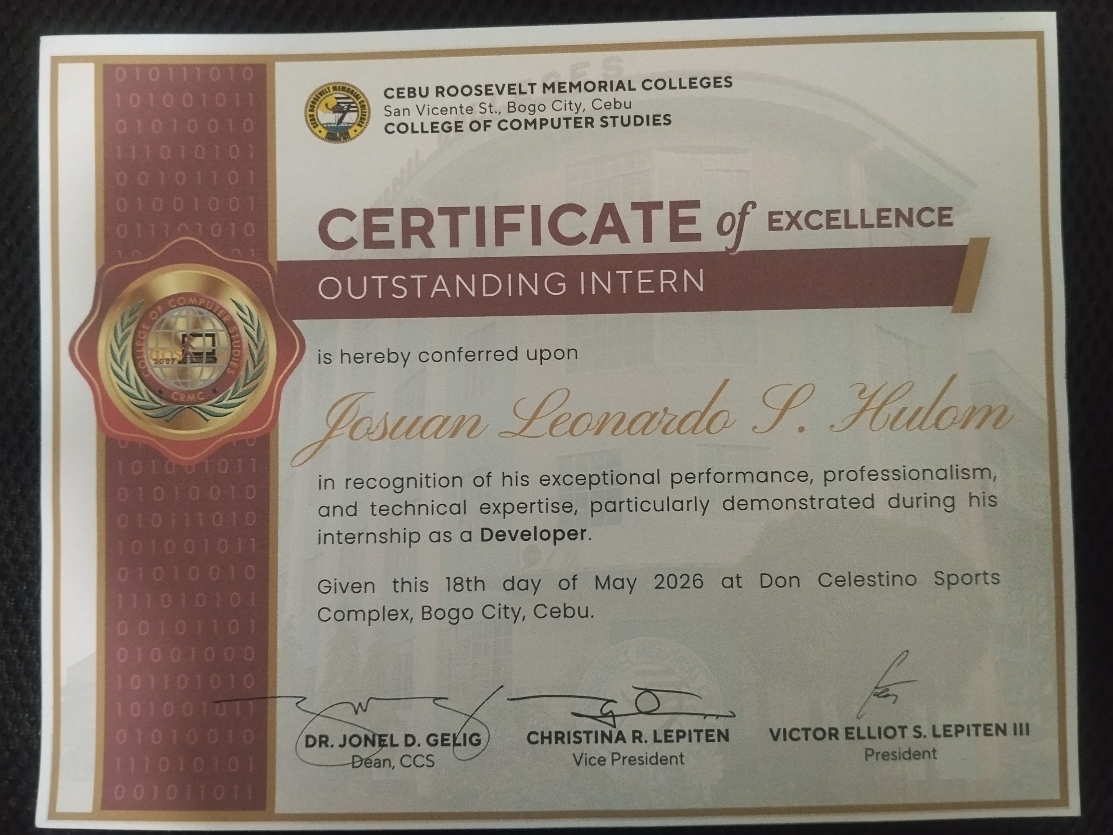 Outstanding Intern of the Year certificate image 1